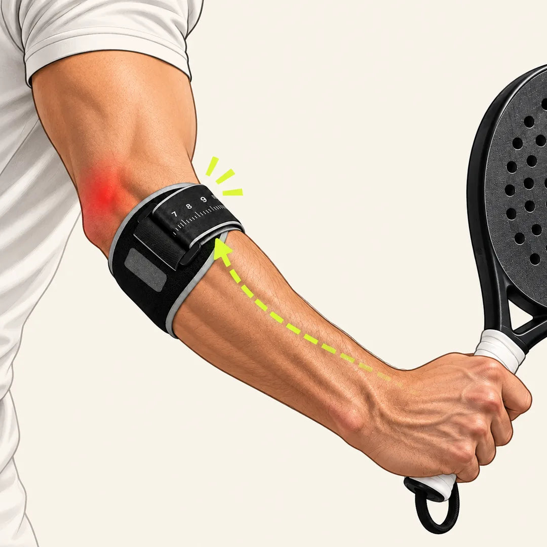 Trajet de la vibration de la raquette de padel jusqu'au coude, interceptée par la coudière Vamos Strap